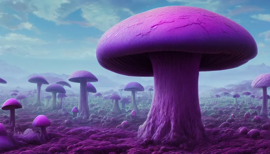 Prompt: A highly detailed digital art painting of a volatile nuclear caustic poison mushroom irradiated barren purple landscape by from software, Makoto Shinkai, by Artgerm, by beeple, volumetric lighting, octane render, 4K resolution, trending on artstation, masterpiece, vivid colours