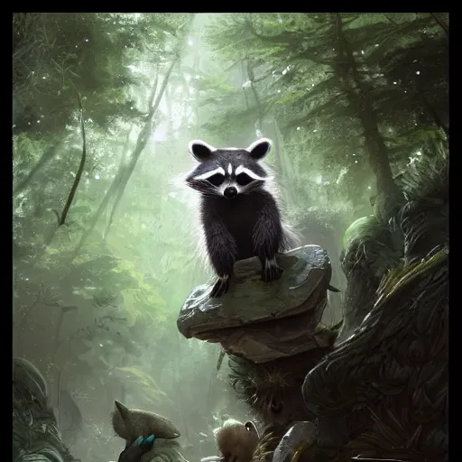 Image similar to magical raccoon druid in the forest, fantasy setting, Greg Rutkowski, trending on artstation, hyper detailed,