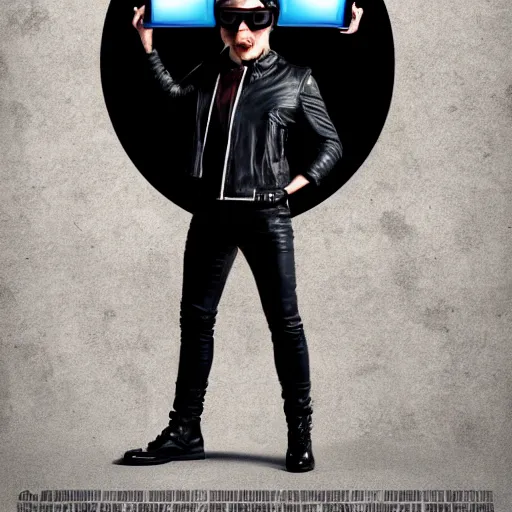 Prompt: movie poster anthropomorphic male fox with futuristic sunglasses, wearing a black leather jacket, in a cyberpunk district, realistic advertising media