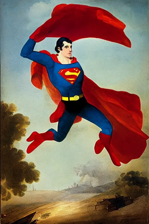 Image similar to portrait of superman during the american revolution. painting by john trumbull.