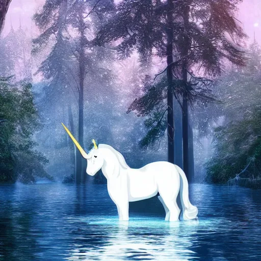 Image similar to a white unicorn drinking from a lake. the moon shines in the background forest on the unicorn. beautiful artstation, 4 k, hdr.