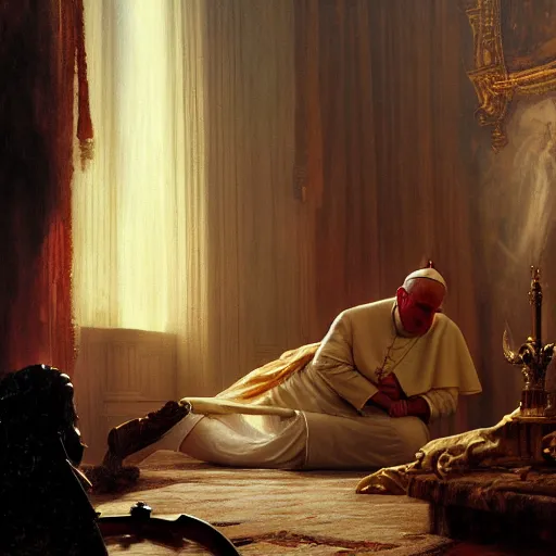 Prompt: the pope is in his bedroom, terrified because a horned demon is attacking him. highly detailed painting by gaston bussiere, greg rutkowski, craig mullins 8 k