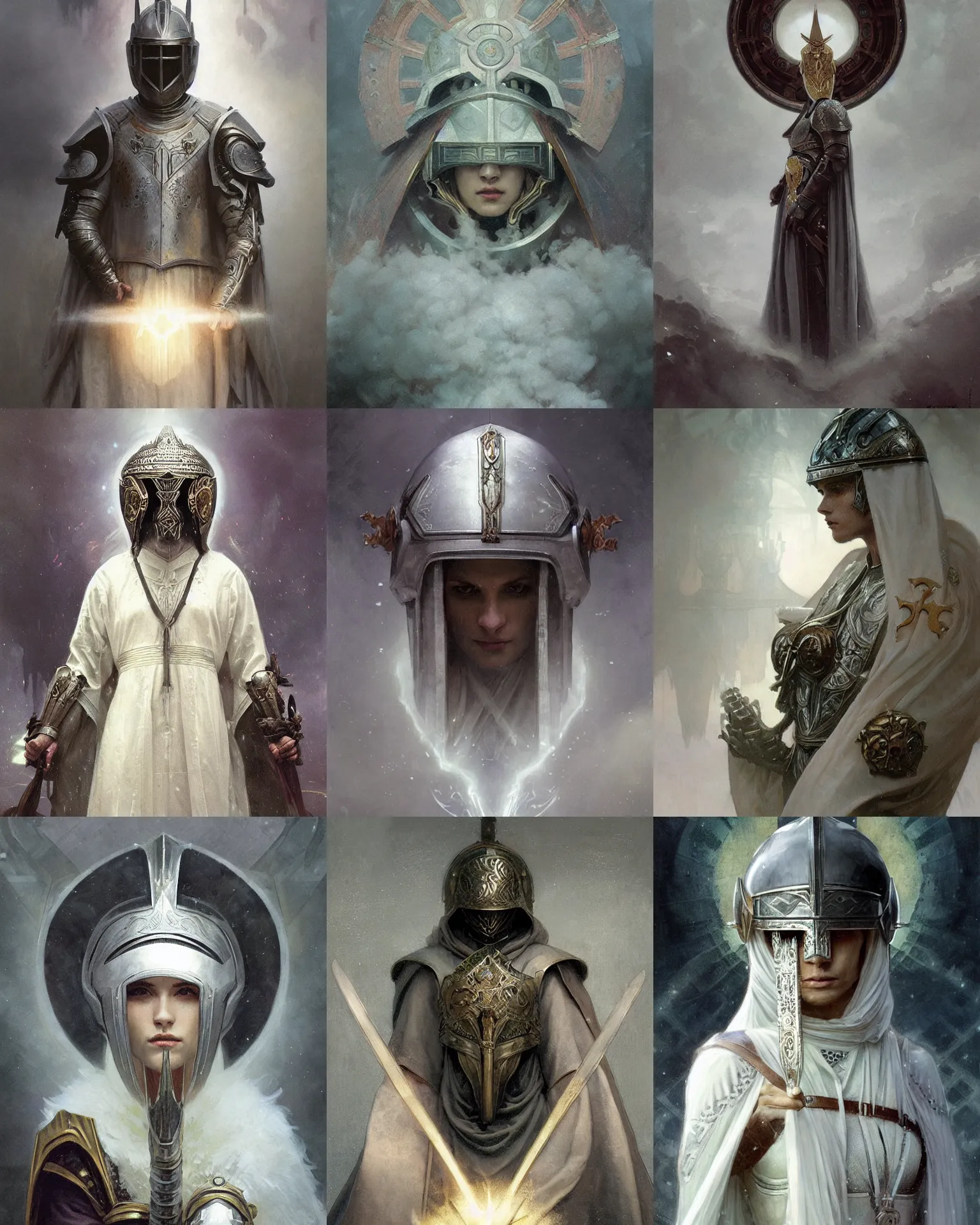 Prompt: portrait of a divine helmet knight dressed in gray robes and helmet, runes, jewelry, mystical, ethereal, magical white fog, painting by greg rutkowski and alphonse mucha