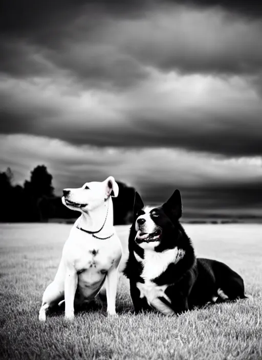 Image similar to two dogs black and white portrait white sky in background