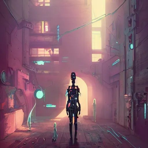 Prompt: A cyberpunk scene of a cyborg in a dark alley, steam punk, cybernetic, futuristic, highly detailed, no blur, 100mm lens, by Beeple and Hsiao-Ron Cheng