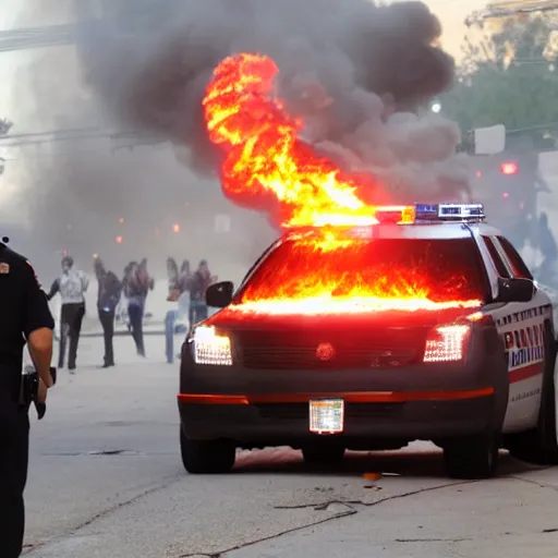 Prompt: burning police car on streets of detroit