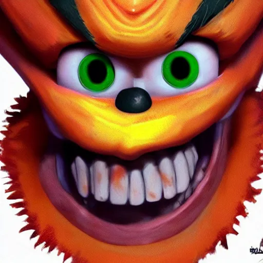 Image similar to crash bandicoot creepy hyperrealistic looking at the camera, artstation, dark, scary, showing teeth, bloodshot eyes, trending