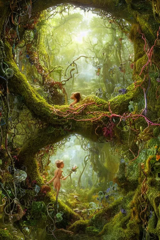 Image similar to a beautiful and highly detailed digital painting of a portal to fairyland, iridescent crystals, moss, multicoloured vines, tangled, the secret garden. intricate details, epic scale, hyperdetailed, hyperrealism,, artstation, cgsociety, 8 k, sharp focus, by caspar friedrich, albert bierstadt, james gurney, brian froud,