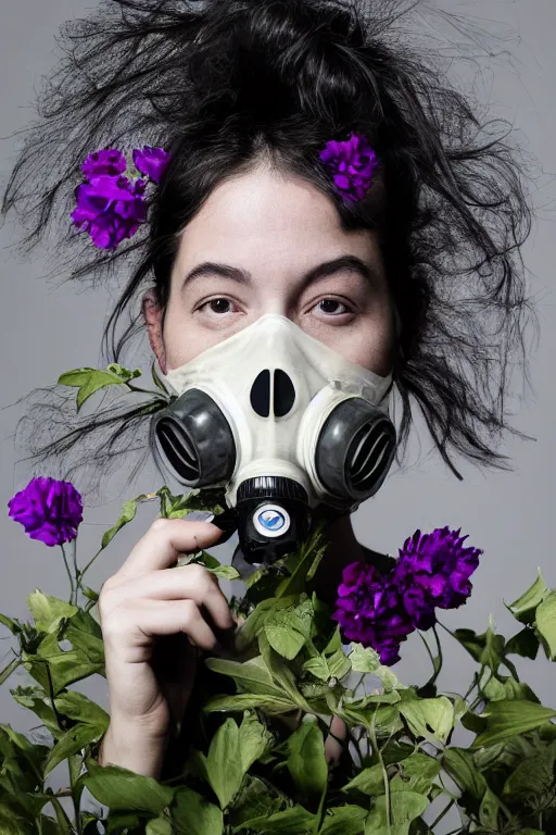 Prompt: a surreal portrait of a woman wearing gas mask diving into the ground of black flowers in the style of brooke didonato, editorial fashion photography from vogue magazine, full shot, nikon d 8 1 0, ƒ / 2. 5, focal length : 8 5. 0 mm, exposure time : 1 / 8 0 0, iso : 2 0 0