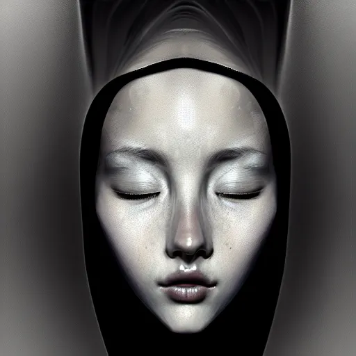 Image similar to tight portrait of a young beautiful woman with eyes closed, with a face covering mask. fractal and mandelbulb, speed painting and scribble art, octane render and portrait. behance and artstation, black and white. intricate detail, beautiful, moody, cinematic. art deco, surrealism, futurism, Unreal Engine, photorealistic.