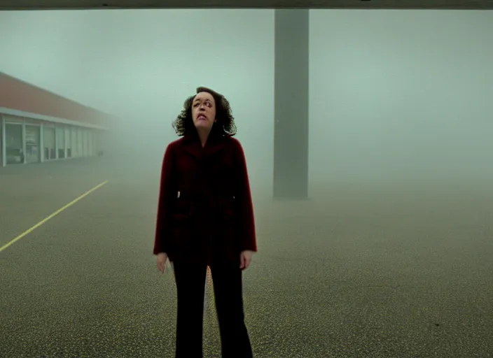 Image similar to cinematic screenshot high wide angle shot of olivia coleman standing outside in a foggy desolate eerie department store empty parking lot, one car, paranoia everywhere, scene from the tense thriller film directed by spike jonze, volumetric hazy lighting, anamorphic lens, moody cinematography, 3 5 mm kodak color ektochrome