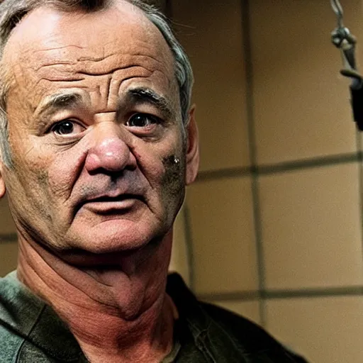 Prompt: bill murray as hannibal lecter in his cell, stone wall behind him