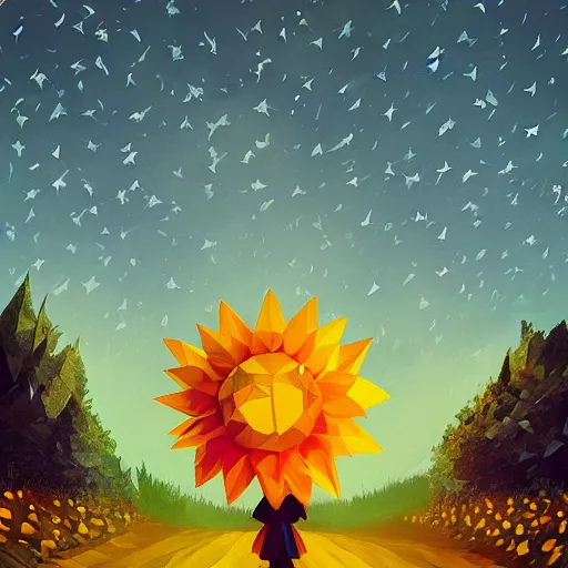 Prompt: low poly, pixar, giant sunflower as a face, girl walking between big trees, hills, surreal photography, dark night, star trails, dramatic light, impressionist painting, clouds, digital painting, artstation, simon stalenhag