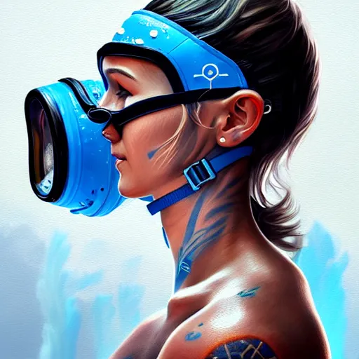 Image similar to profile photo of a girl diver wearing a visor and a diving mask with high detailed tattoos on neck, side profile in underwater, highly detailed, digital painting, artstation, concept art, smooth, sharp focus, illustration by Sandra Chevrier