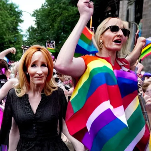 Image similar to JK Rowling starting terrified at a Pride Parade