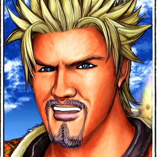 Prompt: Tidus from Final Fantasy X played by Guy Fieri
