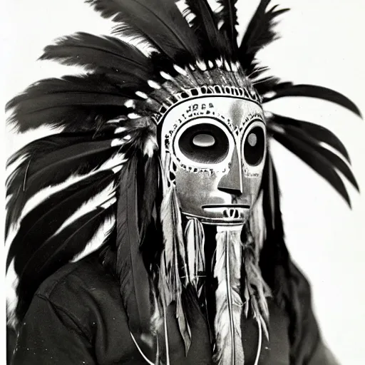 Image similar to vintage photo of native american shaman mask with chrome scales and gold feather plumes by edward s curtis
