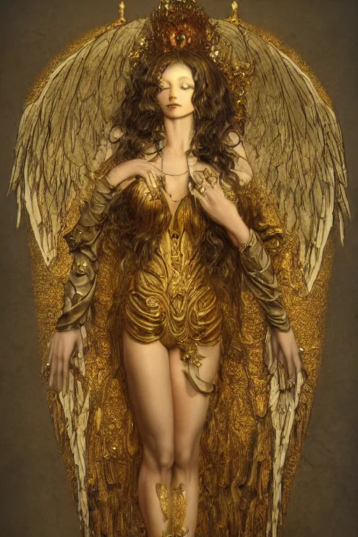 Image similar to concept art, angel woman, beautiful, frank frazetta, ornate, art nouveau, symmetrical, gold jewelry, high contrast, unbiased render, Emil melmoth, eerie, haunting, victorian, 8k, octane render, style of Gustav Klimt, head and shoulders