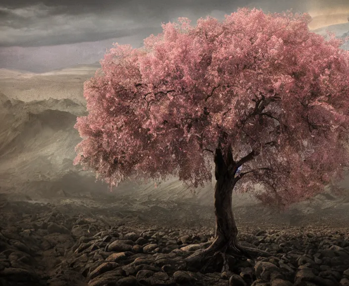 Image similar to 4 k hd, high detail photograph of blossoming tree in mordor landscape, apocalyptic scenery, shot with sigma f / 4. 2, 2 5 0 mm sharp lens, wide shot, consistent, volumetric lighting, high level texture render