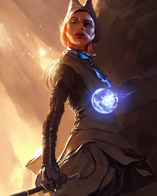 Image similar to A witch wielding a futuristic power staff, digital apex legends illustration portrait, gorgeous lighting, wide angle action dynamic portrait, perspective shot, art by Aleksi Briclot,