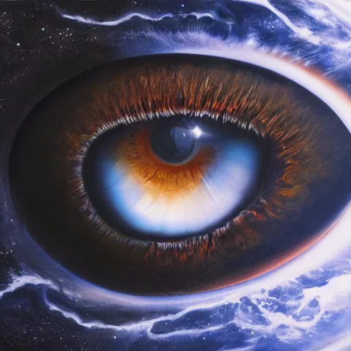 Image similar to a highly detailed photorealistic painting of a human eye reflecting outer space