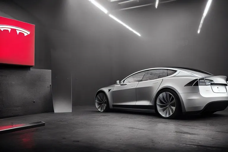 Prompt: a 2 8 mm closeup photo of a tesla car in a photo studio, hyper detailed, smooth, high contrast, volumetric lighting, octane, craig mullins, cinematic