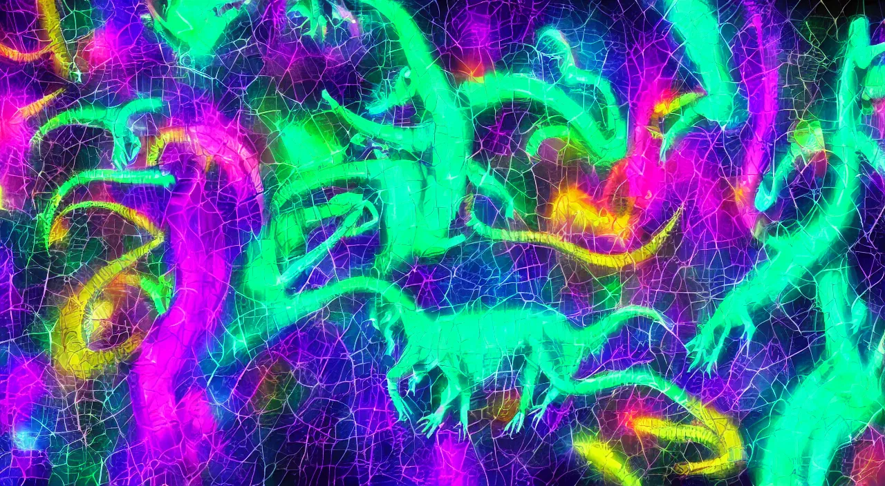 Image similar to spectral purple neon dinosaur, spectral neon pink dinosaur, spectral yellow neon dinosaur, green jungle background, detailed, ultrawide landscape