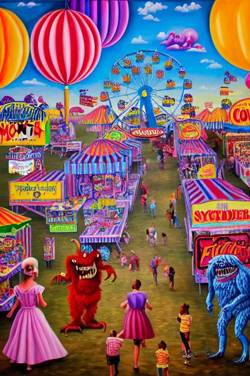 Image similar to a hyperrealistic painting of a monsters day at the county fair, cinematic horror by jimmy alonzo, lisa frank, the art of skinner, highly detailed, vivid color,