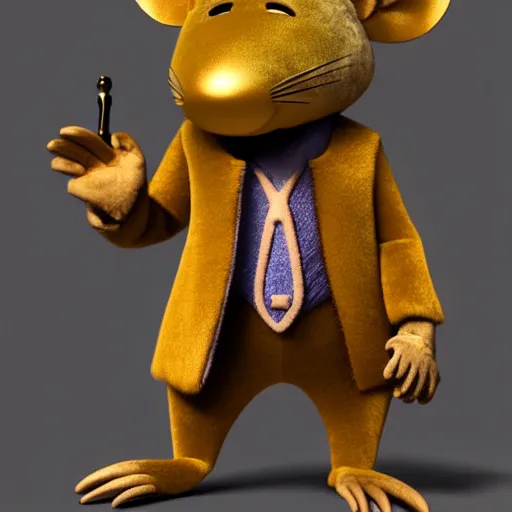 Prompt: 3d anthropomorphic rat, pixar, holding pistol, velvet, fur coat, high quality, expensive silk, gold detailing, fendi, high fashion