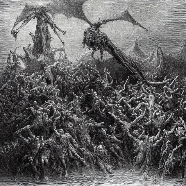 Prompt: an engraving of the tempest of hell by gustave dore