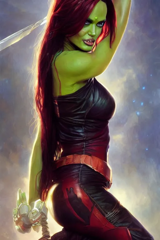 Prompt: angelina jolie as gamora, detailed, 8 k, trending on artstation, smooth, sharp focus artwork by mark arian, artgerm, mark keathley, greg rutkowski and alphonse mucha