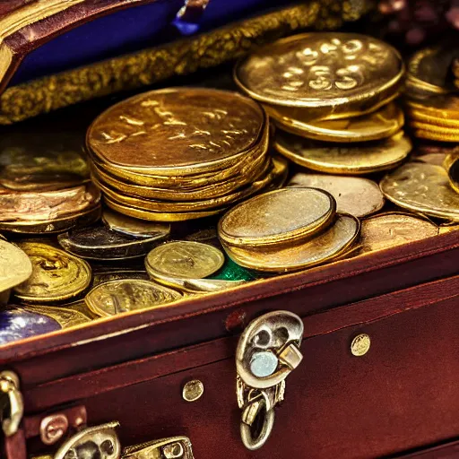 Prompt: A treasure chest filled with jewels, coins and golden artefacts, 4k, hdri, museum quality photo