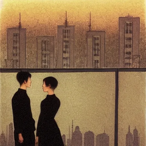 Image similar to a small rooftop with a couple of modern teenagers, standing and talking to each other, highly detailed, wearing black modern clothes, modern shanghai bund is on the background, dust, sunset, by gregory crewdson, carlos schwabe