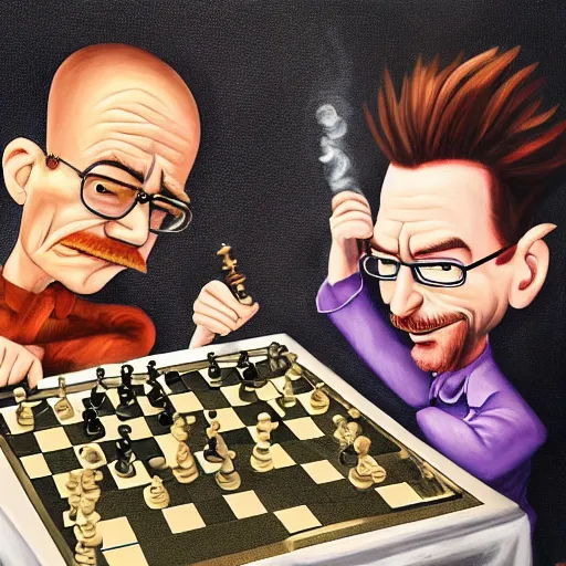 Image similar to jimmy neutron and walter white playing chess smoking cigars, painted, realistic, oil on canvas