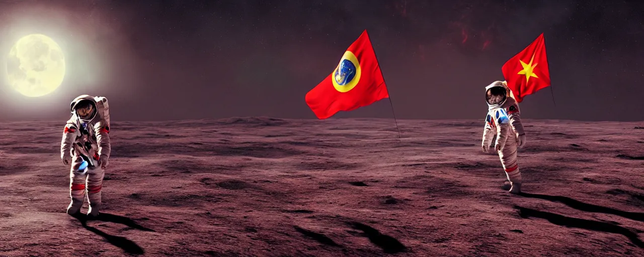 Image similar to an astronaut in red on white on yellow costume holding vietnam flag, standing on the moon, cinematic composition, concept art by greg rutkowski, cosmic background, octane render