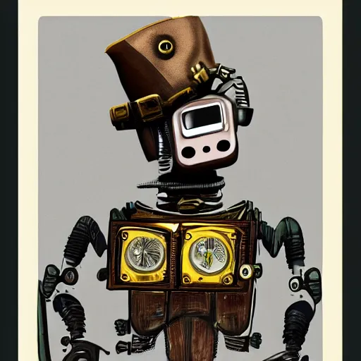 Prompt: a portrait of a robot holding a revolver, steampunk