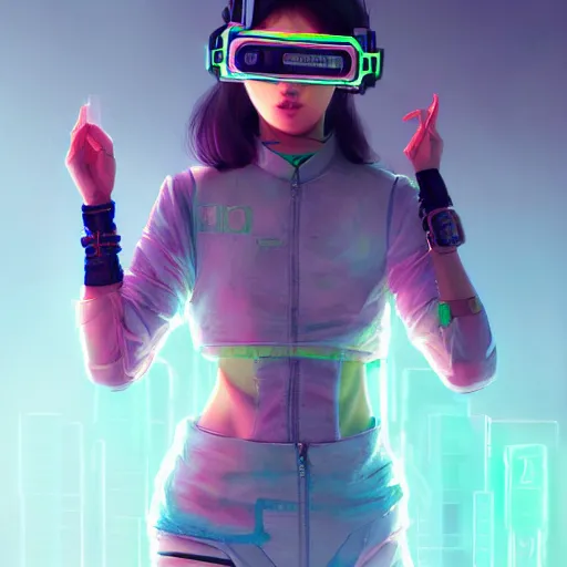 Image similar to a full body illustration of an asian female cyberpunk character wearing VR goggle implants, highly detailed, soft lighting, neon pastel colors, by WLOP, Guweiz, and Greg Staples, HD, 4K