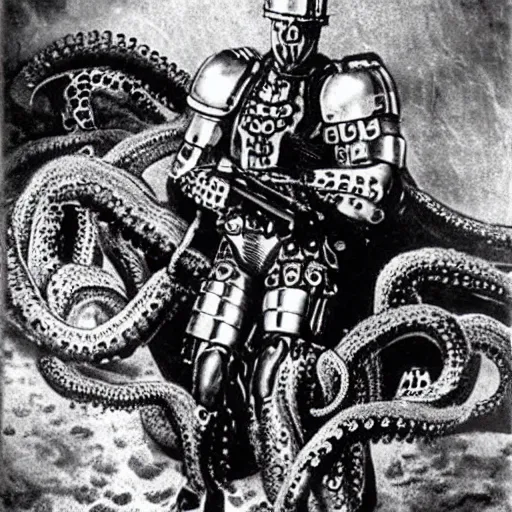 Image similar to old black and white photo, 1 9 1 3, depicting bruce willis in combat armor with guns, shooting biomechanical octopus, historical record, tentacles around