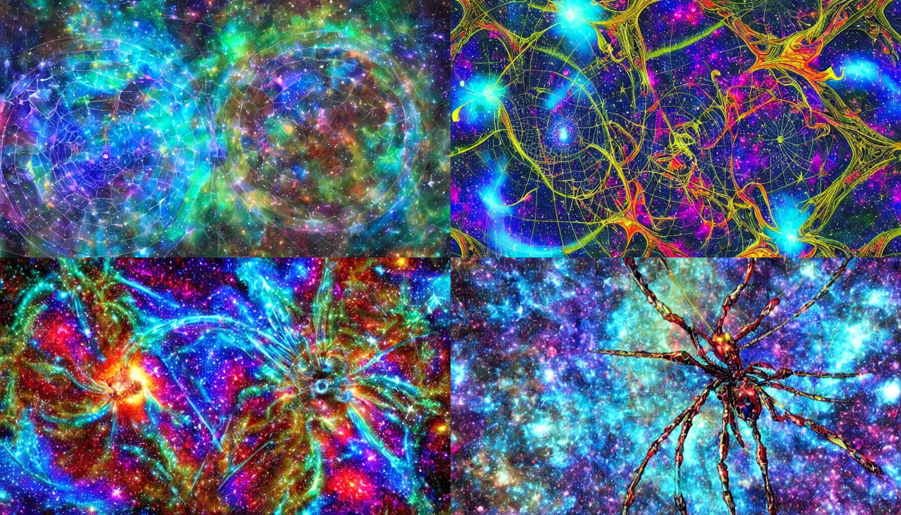 Prompt: a galaxy exploding, psychedelic colors, a blacksmith swinging his hammer at his forge, realistic reflections, body building blacksmith, stars, psychedelic patterns, fractal, rippling fabric of reality, the spider that weaves the web of time