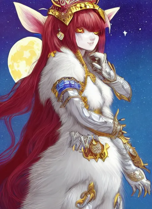 Prompt: commissioned full body portrait of a female anthro wolf princess fursona with a wolf head white fur and long red hair hair wearing a blue and gold Japanese armored dress in a white and gold palace on a starry night with a large crescent moon, by a professional manga illustrator, by Kilian Eng, by Sandra Chevrier, trending on artstation