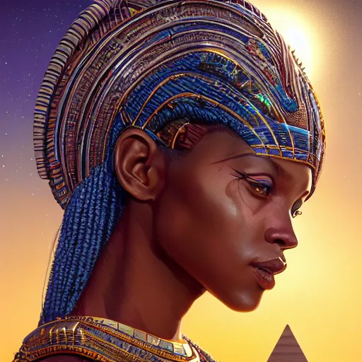 Image similar to highly detailed portrait of an african egyptian goddess, intricate alien technology, stephen bliss, unreal engine, fantasy art by greg rutkowski, loish, rhads, ferdinand knab, makoto shinkai and lois van baarle, ilya kuvshinov, rossdraws, tom bagshaw, global illumination, radiant light, detailed and intricate environment