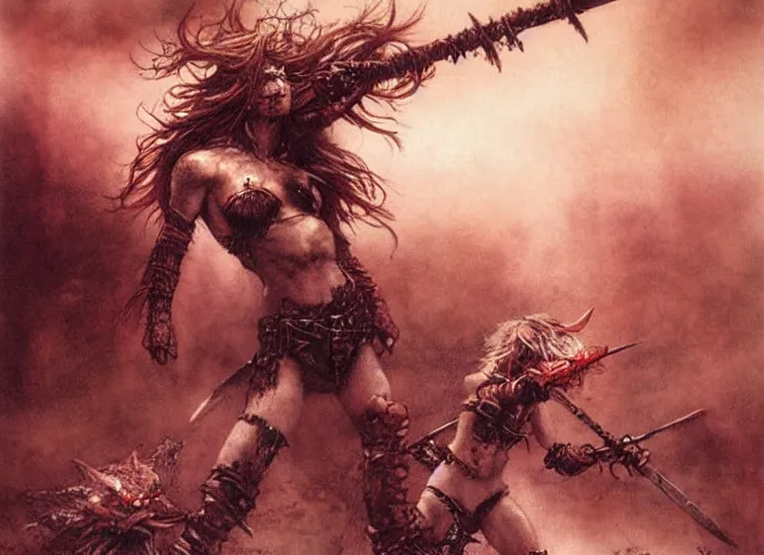 Prompt: redhead barbarian girl fighting small cute goblins by Luis Royo and Beksinski