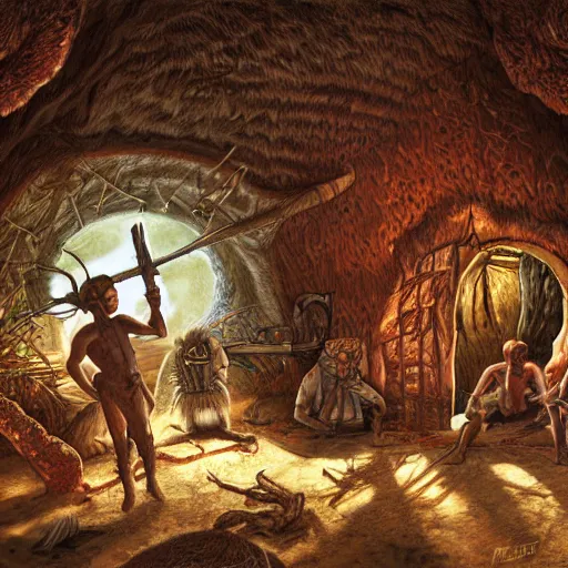 Prompt: primitive extraterrestrial villagers inside primitive hut, dramatic lighting, illustration, ron cobb, mike mignogna, science fiction, detailed painting, high detail, coherent, rough paper