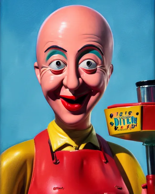 Image similar to closeup profile face profile portrait of a tin toy schlitzie as a waitress in a diner, bikini, hyper realistic, artstation, illustration, concept art by dan decarlo, digital paint, matte paint, vivid colors, bright, cheerful, detailed and intricate environment