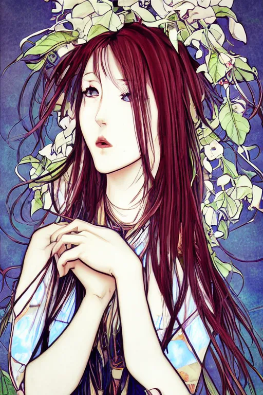 Image similar to Stylish Kurisu Makise tonemapped in the style of Ayami Kojima and Alphonse Mucha