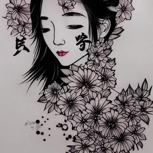 Image similar to tattoo design, stencil, traditional Japanese, beautiful portrait of a girl surrounded by flowers by artgerm, artgerm, digital art