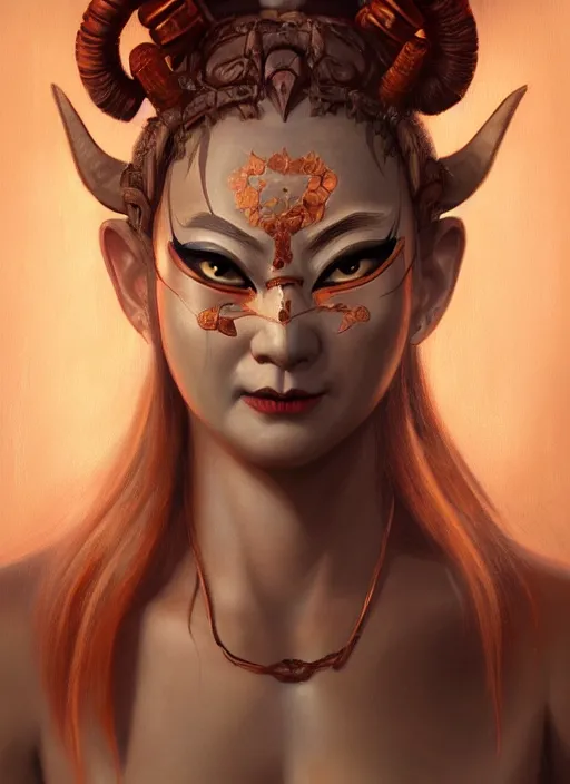 Image similar to a beautiful detailed oil on copper art illustration of a oni hannya mask shogun woman, centered, by charlie bowater, zeng fanzh, trending on artstation, dim dusk lighting, cinematic lighting, detailed lighting, volumetric lighting, realistic, f 8, 4 k hd wallpaper