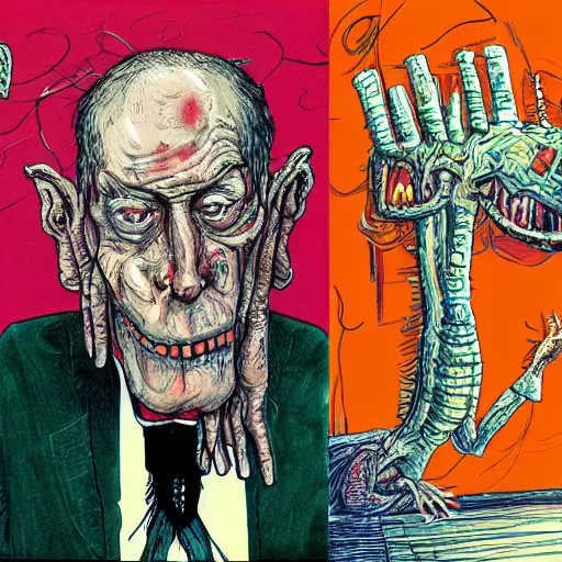 Image similar to Jacob Rothschild full body shot, dollar bills Body horror, biopunk, by Ralph Steadman, Francis Bacon, Hunter S Thompson