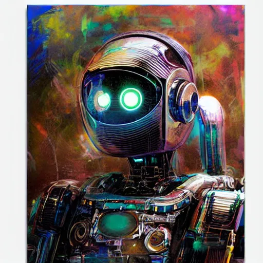 Image similar to a simple concept art portrait of a robot. an award winning yoshitaka amano digital art poster color painting. a masterpiece by james gurney. poster colour on canvas.