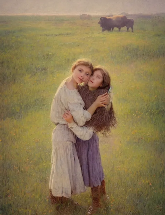 Image similar to portrait of peasant girl hugging a cow on a farm, cottage core, cinematic focus, polaroid photo bleached vintage pastel colors high - key lighting, soft lights, foggy, by steve hanks, by lisa yuskavage, by serov valentin, by tarkovsky, 8 k render, detailed, oil on canvas